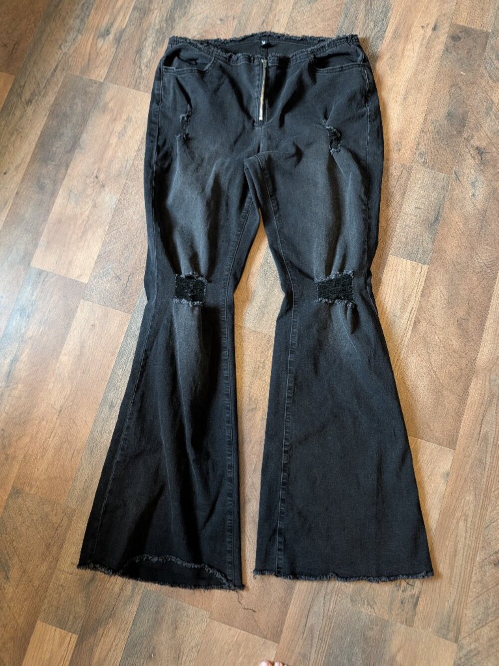 NV Felix Distressed Raw Waist Flare Pants Black XL Stretchy Boho Deconstructed